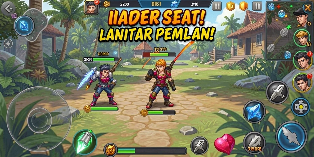 Screenshot menunjukkan karakter utama dalam pertarungan epik.